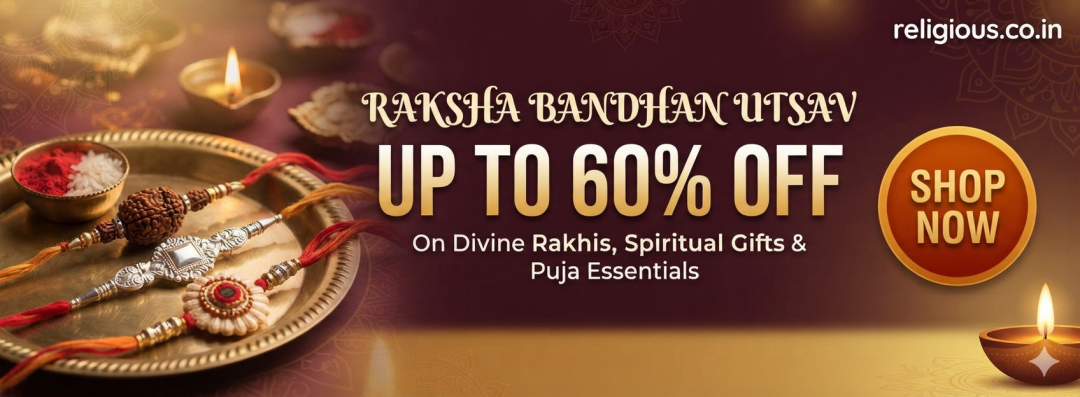Elegant website banner for Raksha Bandhan Utsav featuring traditional decorative rakhis on a golden plate with up to 60 percent discount text for religious.co.in website.